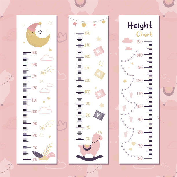 小朋友用玩具和尺丈量墙。一套儿童身高图表与卡通婴儿玩具。米墙或婴儿尺度生长在斯堪的纳维亚风格。图片下载
