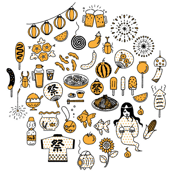 简单可爱的“夏天在日本”插画套装(2色)图片下载