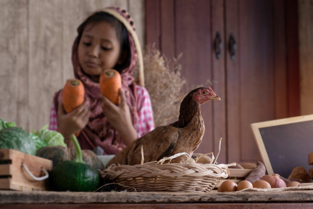 鸡站在当地市场的农产品上，小商人女孩站在模糊的背景中图片下载