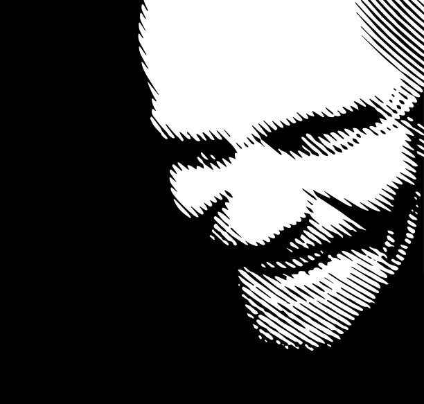 男人给你一个恶魔般的笑容，呈现在高对比度的黑白与强烈的圆形半色调屏幕图片下载