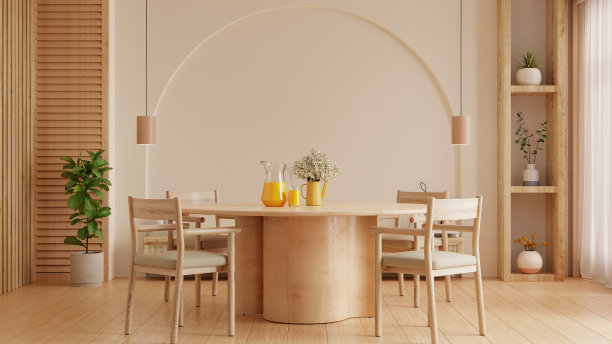 现代厨房和餐厅在空的奶油色墙壁背景- 3D渲染图片下载