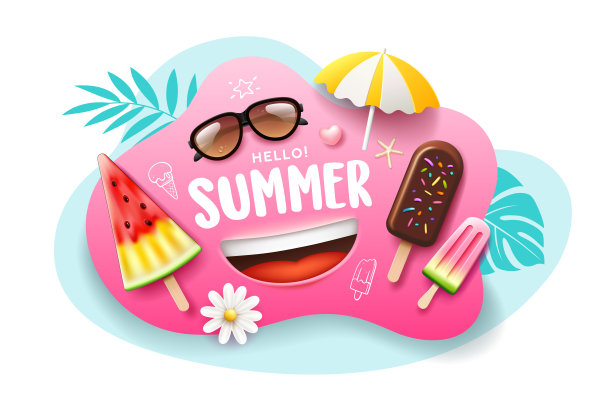 冰淇淋暑假礼物，清凉甜美新鲜，在粉红色和蓝色的海报传单背景图片下载