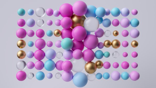 3d渲染，抽象现代几何壁纸。粉色、蓝色和金色的球。在白色背景上孤立的混沌多色粒子图片下载