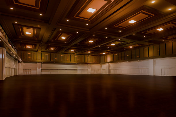 空旷的会议大厅中心。为展台背景，展位元素。会议用的会议室。大房间用于娱乐，音乐会，活动，贸易展览，婚礼。舞厅的奢侈品。3 d渲染。图片下载