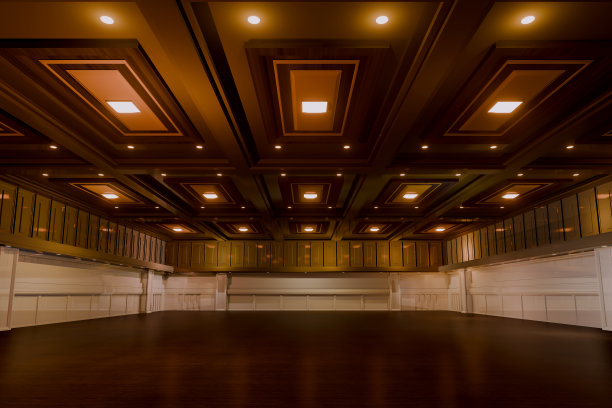 空旷的会议大厅中心。为展台背景，展位元素。会议用的会议室。大房间用于娱乐，音乐会，活动，贸易展览，婚礼。舞厅的奢侈品。3 d渲染。图片下载