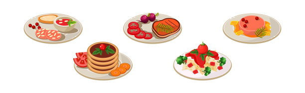 不同的食物和碟子上的盘子等距矢量集图片下载