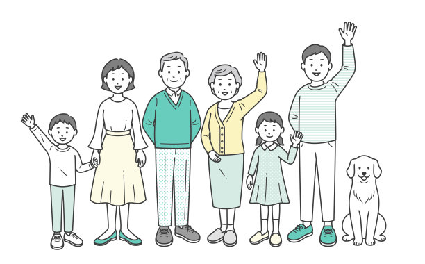 这幅全身画描绘了三代家庭成员和宠物聚集在一起挥手致意图片下载