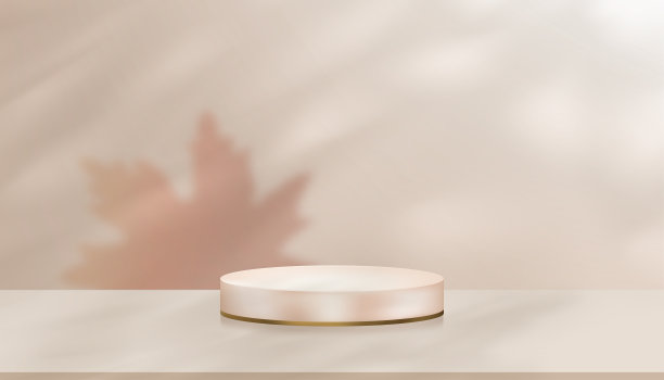 秋天的背景，秋天工作室背景讲台显示斯坦与枫影叶在米色墙上，感恩节广告的最小场景，矢量模板平台横幅产品销售，推广图片下载