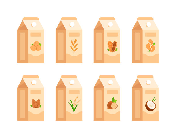 一套以植物为基础的牛奶盒，以大豆，燕麦，花生，腰果，杏仁，大米，榛子和椰子口味为特色。平面图标集隔离在白色背景。素食，无乳饮料概念图片下载
