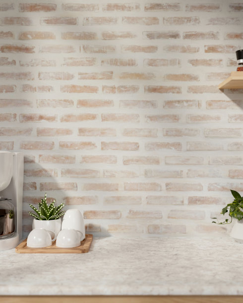 一个靠近砖墙的大理石厨房展示产品的特写图像。图片下载