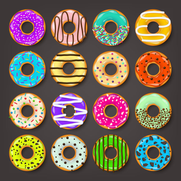 甜甜圈，奶油面包。饼干，饼干蛋糕套装。加了糖和焦糖的甜点。美味的早餐。自助餐厅的食物，小吃。咖啡店。矢量插图。图片下载