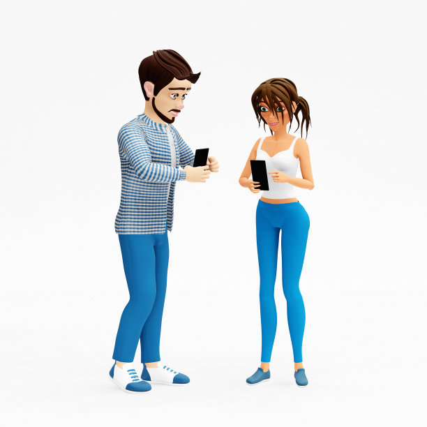 卡通青年男女站在一起使用智能手机。在线约会和社交网络的概念。三维渲染图片下载