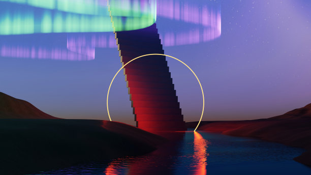 3D渲染，超现实的沙丘景观环绕着水和楼梯上的霓虹灯，美丽的夜空背景。图片下载