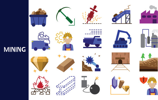 采矿是利用自然资源开采煤、金或铁矿石。铁矿石是原料。，商业图标集，符号集。矢量图。图片下载