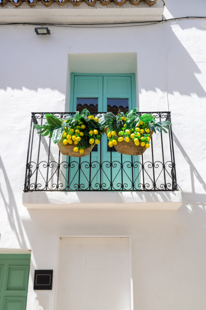 这张照片拍摄于西班牙阿尔特亚市，白色建筑的阳台上有一束柠檬，是典型的西班牙房屋阳台图片下载