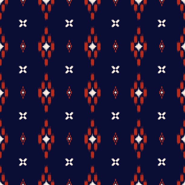 几何图案，让人想起传统的Ikat设计。图案以深蓝色为背景，配以红色和白色图片下载