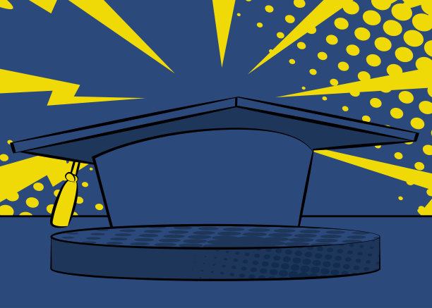 漫画书产品讲台上的模拟演示与毕业纪念牌。复古漫画背景。图片下载