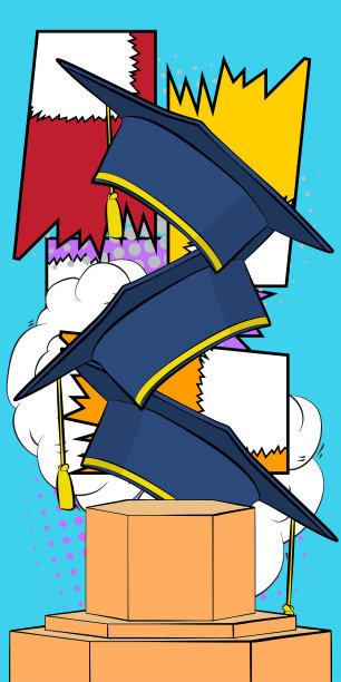 漫画书产品讲台上的模拟演示与毕业纪念牌。复古漫画背景。图片下载