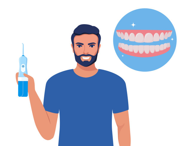 男子使用洗牙器，口腔卫生工具。牙齿健康概念。上下颚。健康的微笑。牙科，美白，牙齿矫正。向量。图片下载