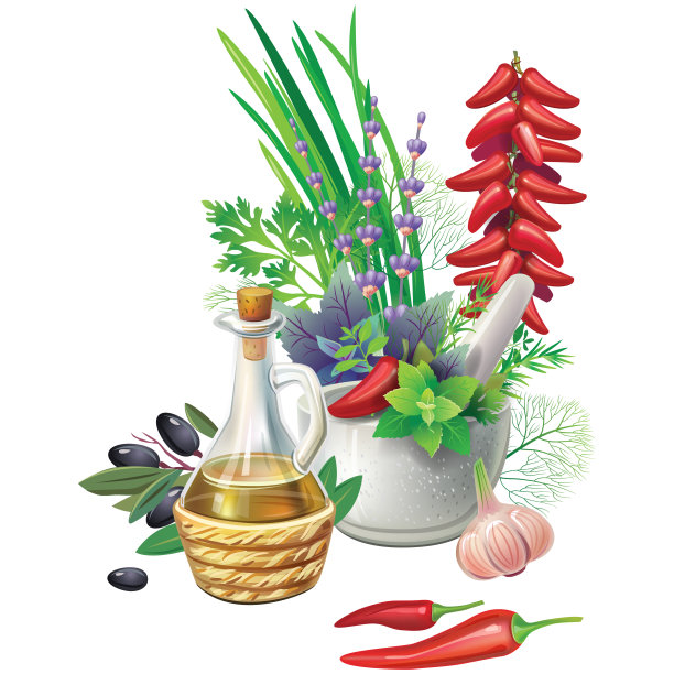 静物与芳香香草在锅和蔬菜图片下载