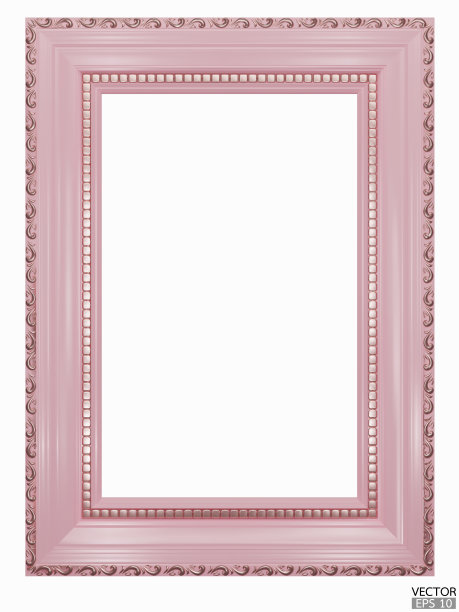 现实的粉红色木制复古框架孤立在白色背景。矩形框架模型。经典的木制相框。粉色边框的绘画，海报，和照片画廊。三维矢量插图。图片下载