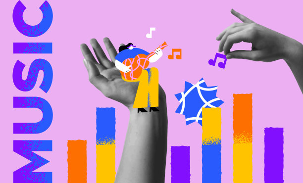 弹吉他的女孩与手部拼贴音乐概念矢量卡片图片下载