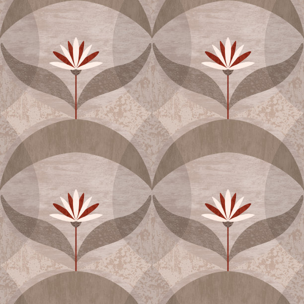 纹理抽象无缝图案与对称极简主义的花和光滑的几何形状。装饰重复设计中性灰色灰褐色的颜色。简单的花瓷砖壁纸，室内。图片下载