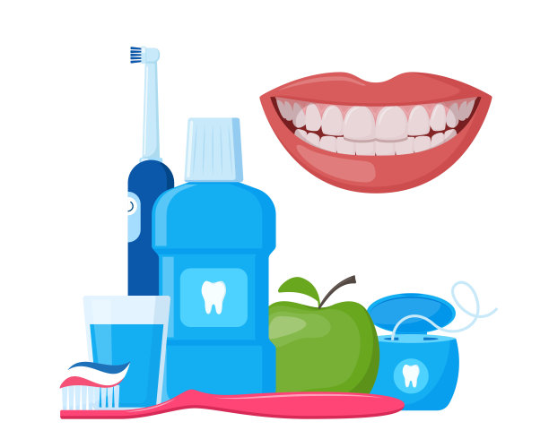 美丽微笑的嘴巴，健康的牙齿。牙齿清洁工具。口腔护理及卫生用品。牙科，牙科治疗，美白，正畸。向量。图片下载