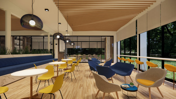 室内空现代阁楼办公室开放空间现代办公室镜头。现代开放式大堂及接待区会议室设计。3D渲染。图片下载