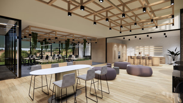 室内空现代阁楼办公室开放空间现代办公室镜头。现代开放式大堂及接待区会议室设计。3D渲染。图片下载