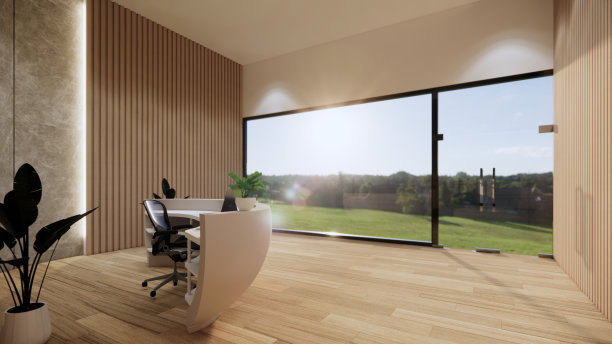 室内空现代阁楼办公室开放空间现代办公室镜头。现代开放式大堂及接待区会议室设计。3D渲染。图片下载