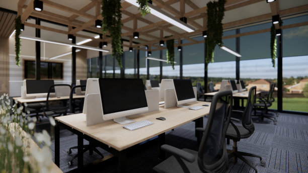 室内空现代阁楼办公室开放空间现代办公室镜头。现代开放式大堂及接待区会议室设计。3D渲染。图片下载