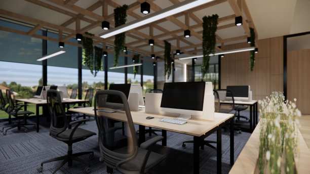 室内空现代阁楼办公室开放空间现代办公室镜头。现代开放式大堂及接待区会议室设计。3D渲染。图片下载