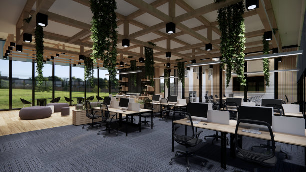 室内空现代阁楼办公室开放空间现代办公室镜头。现代开放式大堂及接待区会议室设计。3D渲染。图片下载