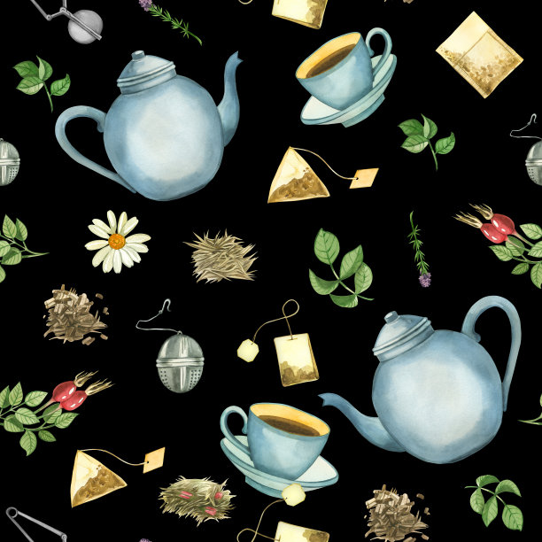 以茶为主题的水彩画。蓝色茶壶，茶杯，茶叶，玫瑰果，茶包，过滤器，洋甘菊。一切都是用水彩画的。用于包装设计上的印刷图片下载