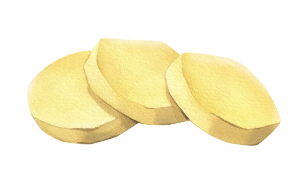 去皮的白土豆，切成圆片，折成一堆。水彩插画，手绘主题为收获、烹饪、食品、蔬菜店。元素与背景隔离。图片下载