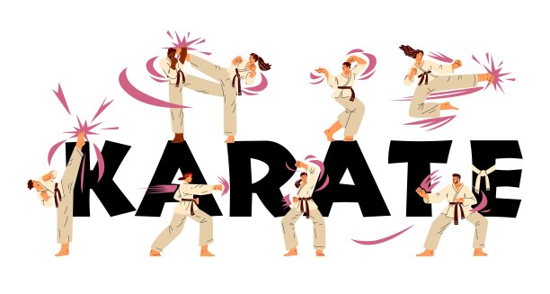空手道女子和男子战士在和服训练矢量平面排版横幅，日本武术空手道踢姿势图片下载