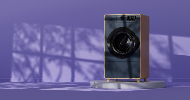 现代黑色洗衣机在紫丁香房间的太阳阴影。3d渲染图片下载