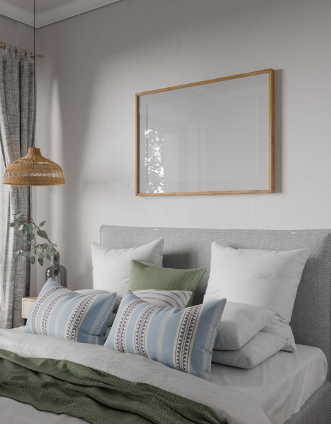 模拟框架卧室舒适的现代家居内部，床空床头板白墙为背景。房间3D渲染图片下载