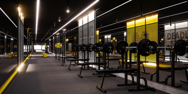 现代健身房室内设计。工业健身房概念设计。图片下载