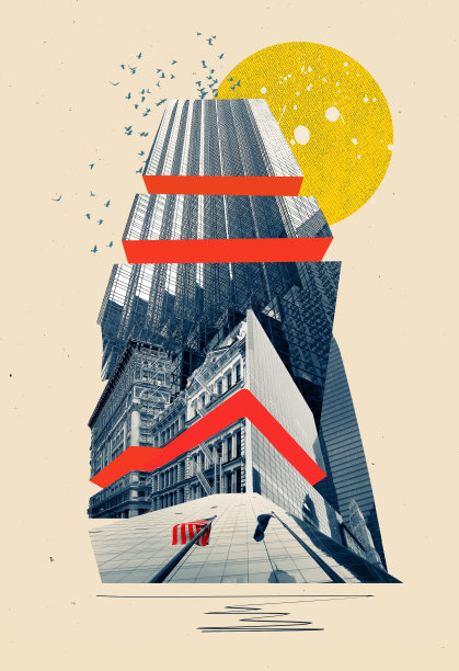 建筑物碎片的拼贴。纽约曼哈顿的摩天大楼映衬着天空。拼贴，艺术设计图片下载