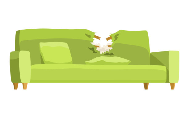 坏沙发图标。客厅的旧沙发被撕破，孤立在白色背景上。室内旧家具破损，沙发座椅凌乱。矢量内部对象在卡通风格图片下载