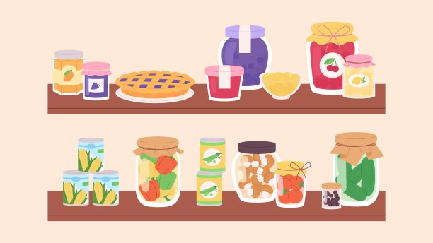 架子上的果酱罐和蔬菜蜜饯。带水果或浆果果酱的甜馅饼。泡菜，辣椒，西红柿，橄榄和蘑菇，矢量元素图片下载