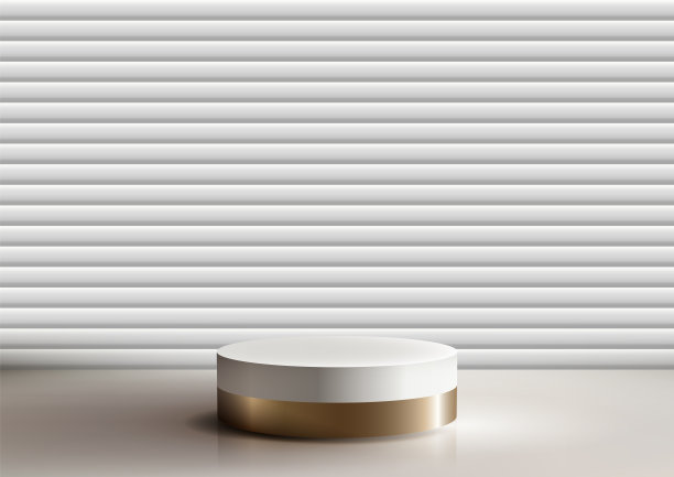 白色和金色圆柱设计的3D现代平台坐落在光滑的表面上，背景是水平的、均匀间隔的灰色线条图片下载