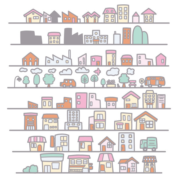一组简单变形的可爱城市景观插图图片下载
