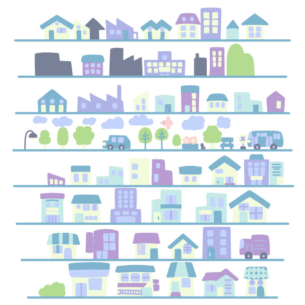 一组简单变形的可爱城市景观插图图片下载