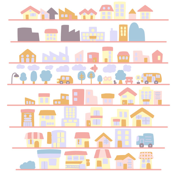 一组简单变形的可爱城市景观插图图片下载