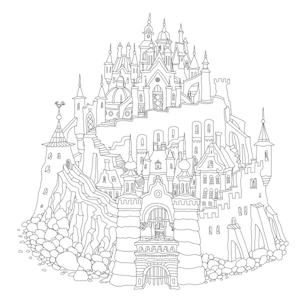童话般的城堡堡垒。手绘黑白建筑草图为着色书页图片下载