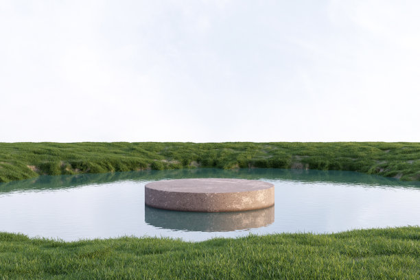 抽象的3d渲染平台和模拟的常绿自然背景，石头讲台上的池塘与草地和草地的产品展台展示，广告或等图片下载
