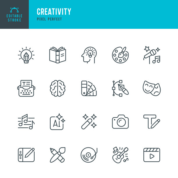 创造力-一组矢量线性图标。像素完美。可编辑的中风。这套套装包括灯泡、相机、打字机、书、创意、艺术家的调色板、画笔、乐谱、麦克风、魔杖、吉他、剧院面具、数码平板电脑。图片下载